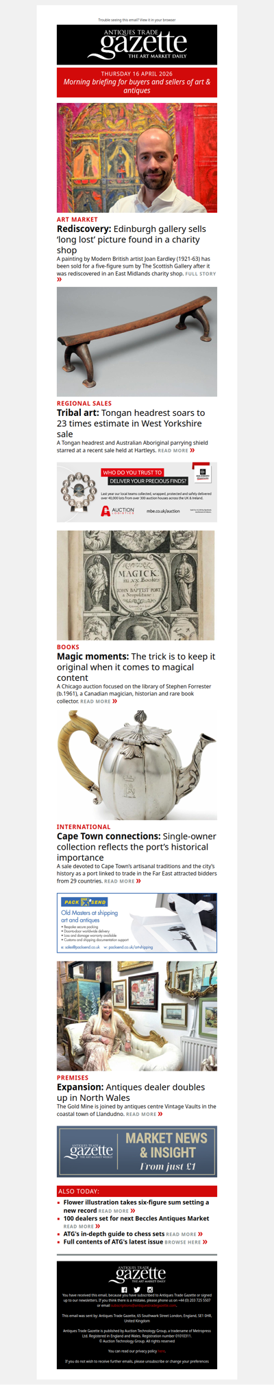 ‘Long lost’ Scottish picture rediscovered in a charity shop | Tribal artwork bid over 20 times estimate in Yorkshire | Single-owner collection of silver reveals Cape Town’s history | plus more in ATG's morning briefing