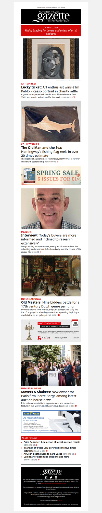 Raffle winner sweeps €1m Picasso portrait | Nine bidders battle for Dutch Old Master | Hemingway’s fishing flag makes 20 times estimate | plus more news and features in ATG's Friday briefing