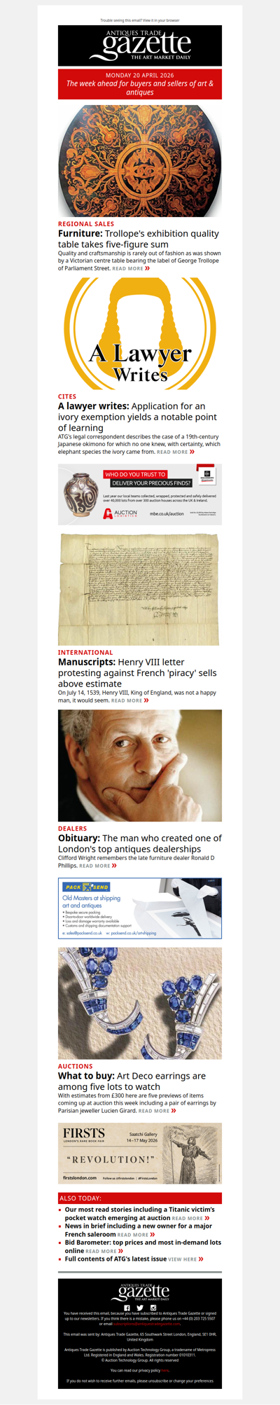 Exhibition quality Victorian table takes five-figure sum | Top lots to watch this week | Henry VIII letter protesting against French 'piracy' sells above estimate | plus more news and features in ATG's Monday briefing