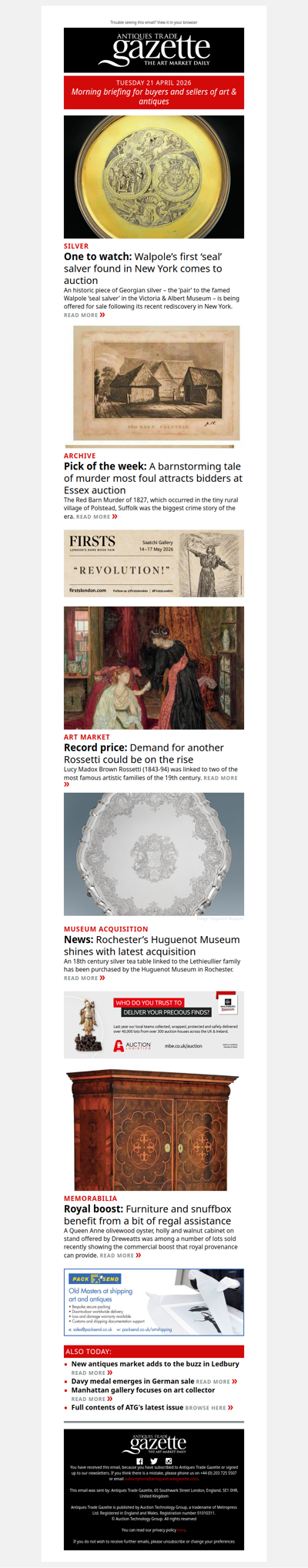 Walpole’s first ‘seal’ salver rediscovered | Archive from infamous Red Barn Murder emerges at auction | Huguenot Museum buys tea table from dealer | plus more news and features in ATG's morning briefing