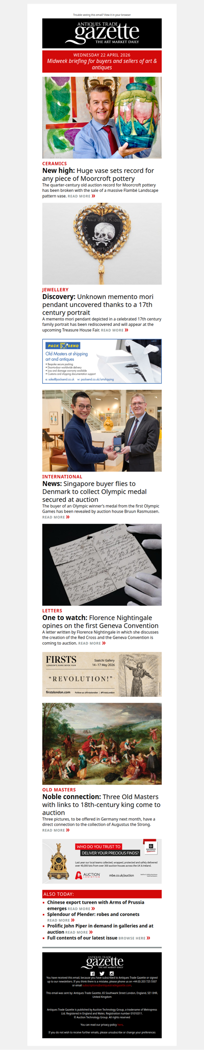 Auction record for any piece of Moorcroft | Rare pendant discovered thanks to a 17th century portrait | Singapore buyer flies in to collect Olympic medal | plus more news and features in ATG's midweek briefing