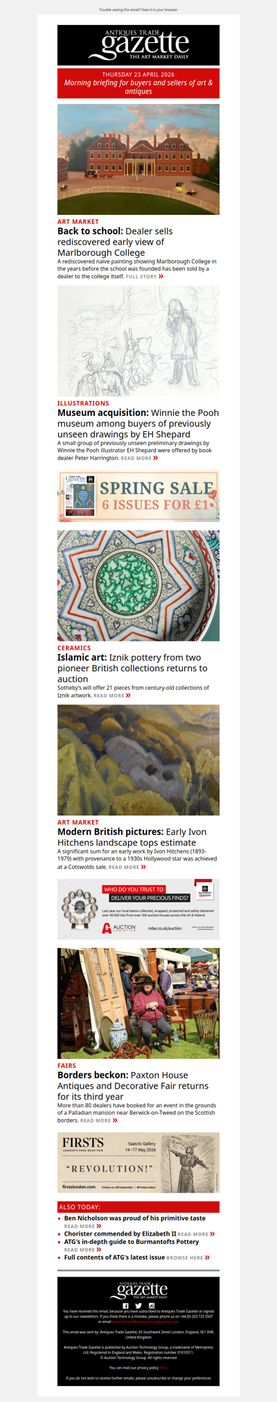 Dealer sells view of Marlborough College to the school itself | Museum among buyers of rediscovered Winnie the Pooh drawings | Iznik pottery returns to auction | plus more in ATG's morning briefing