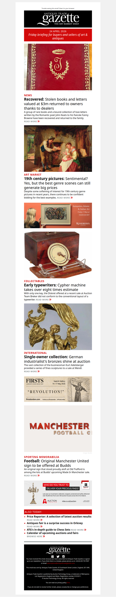 Stolen books and letters valued at $3m recovered | Early typewriter bid to eight times estimate | Top genre scenes still generating big prices | plus more news and features in ATG's Friday briefing