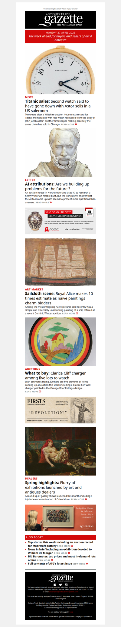 Second ‘Titanic’ watch owned by Astor sells at auction | Top lots to watch this week | Are AI attributions building up problems for the future? | plus more news and features in ATG's Monday briefing