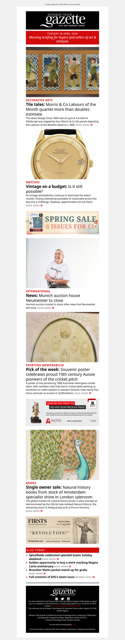 Market shocked as German auction house set to close | William Morris tiles double estimate | Can vintage watches still be bought on a budget?  | plus more news and features in ATG's morning briefing