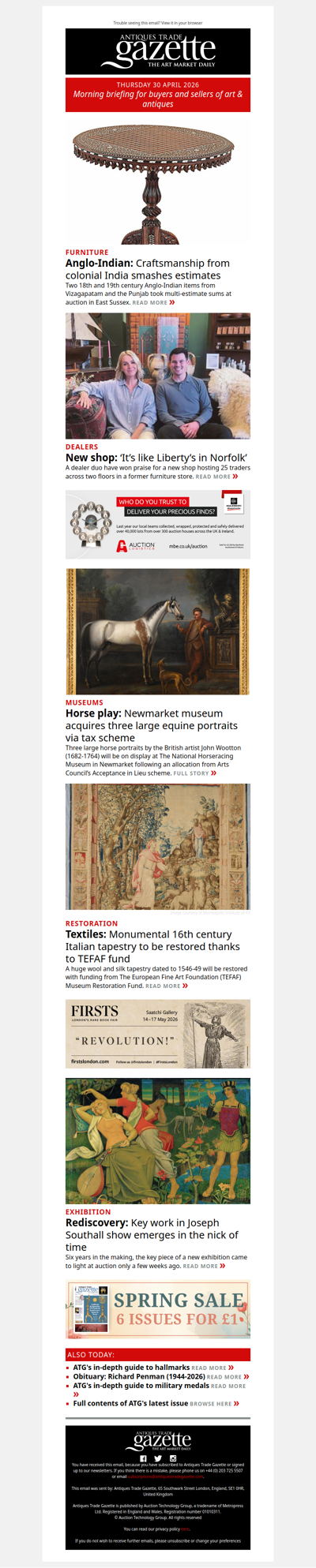 Anglo-Indian furniture smashes estimates | Antiques dealers’ new shop is like ‘Liberty’s in Norfolk’ | Equine portraits acquired by museum via tax scheme | plus more in ATG's morning briefing