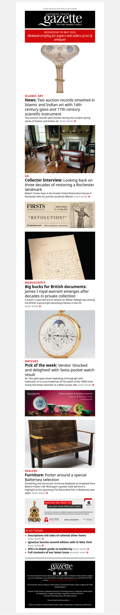 Vendor ‘shocked and delighted’ with pocket watch result | Two auction records smashed in Islamic and Indian art | The collector behind the treasures in Restoration House | plus more news and features in ATG's midweek briefing