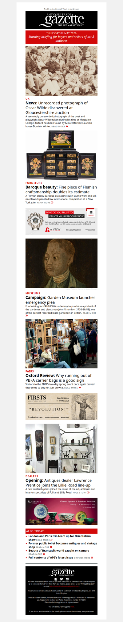 Unrecorded photograph of Oscar Wilde discovered | New dealer opens on Lillie Road | Museum campaigns to buy rare portrait of black gardener | plus more in ATG's morning briefing