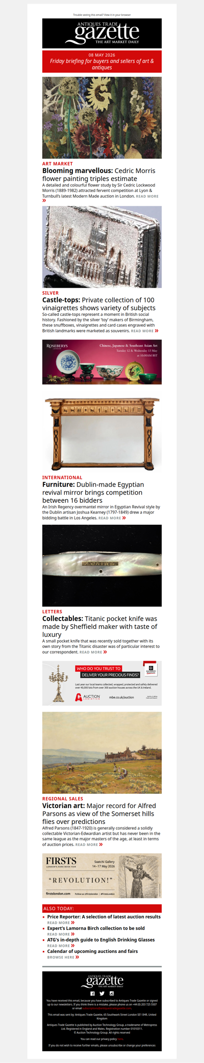 Cedric Morris flower painting blooms at auction | Bidders vie for Egyptian revival mirror | Titanic pocket knife was made by Sheffield maker | plus more news and features in ATG's Friday briefing
