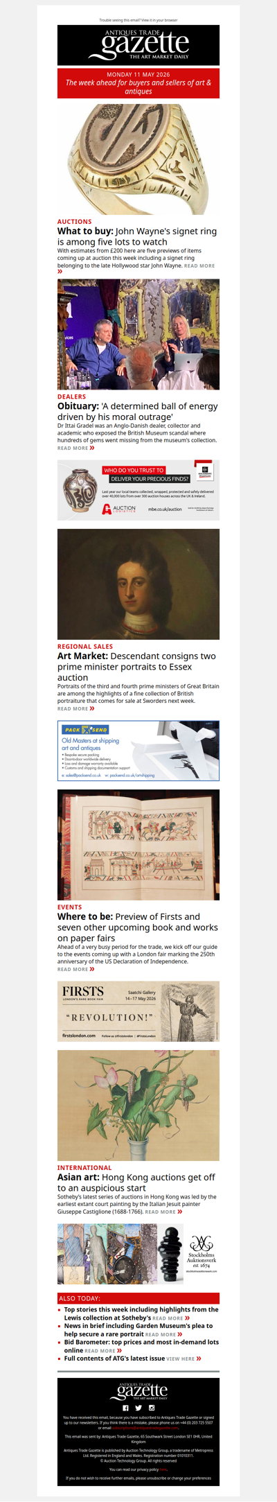 Top lots to watch this week | Portraits of two prime ministers head to Essex auction | Preview of upcoming book fairs | plus more news and features in ATG's Monday briefing