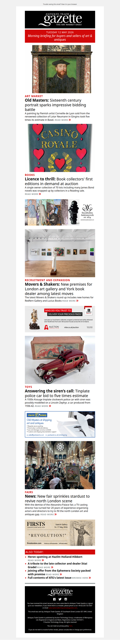 Old Master portrait sparks bidding battle in Switzerland | Single owner sale of modern first editions | New fair for north London | plus more news in ATG's morning briefing