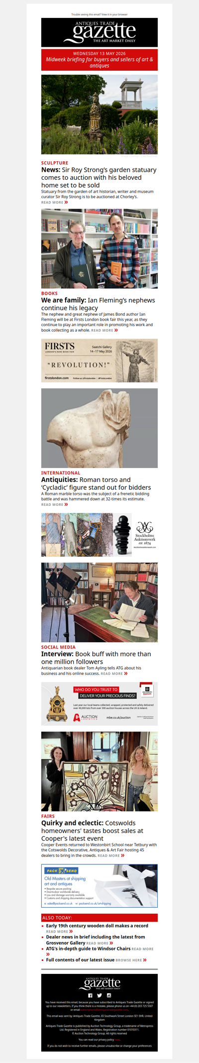 Sir Roy Strong’s garden ornaments to be auctioned ahead of Laskett house and garden sale | Roman marble torso bid to 32-times estimate | Fleming family in the book trade | plus more news and features in ATG's midweek briefing