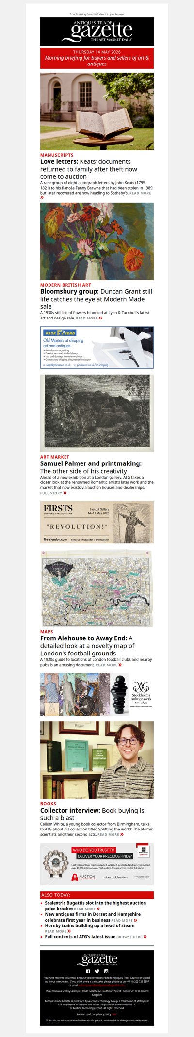 Lost Keats’ love letters returned and set for auction | Duncan Grant still life blossoms | Collector interview with a young book enthusiast | plus more in ATG's morning briefing