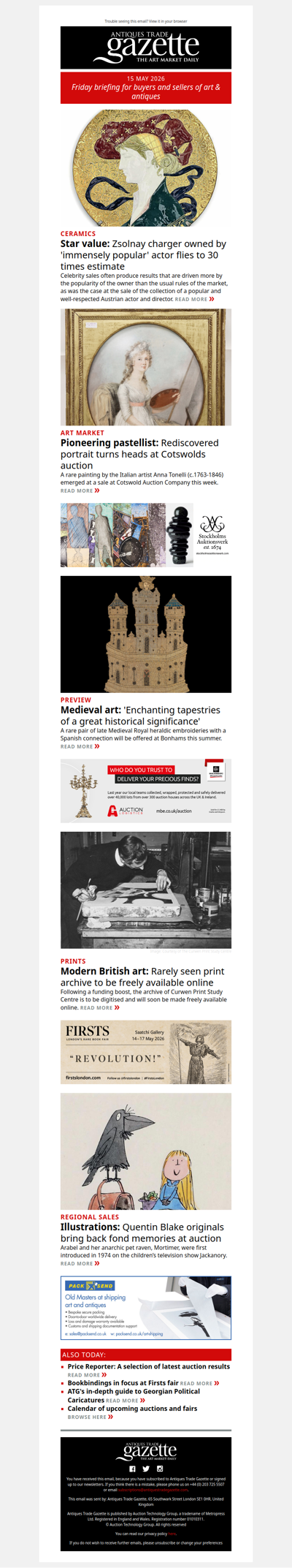Actor’s Zsolnay charger flies to 30 times estimate | Rediscovered pastel portrait generates interest | 'Enchanting’ Medieval tapestries emerge at Bonhams | plus more news and features in ATG's Friday briefing