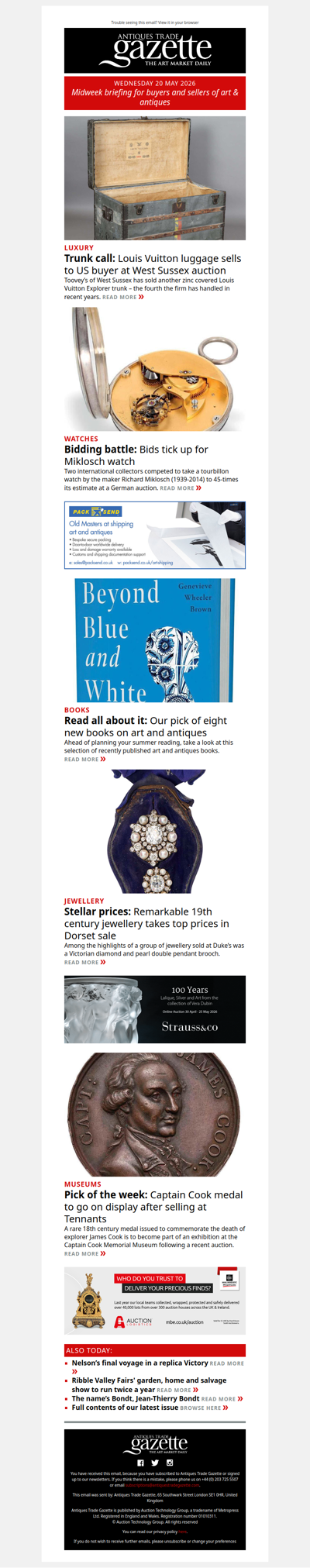 Pocket watch takes 45-times estimate to achieve six-figure sum | Louis Vuitton trunk snapped up in Sussex | Captain Cook medal heads to museum | plus more news and features in ATG's midweek briefing