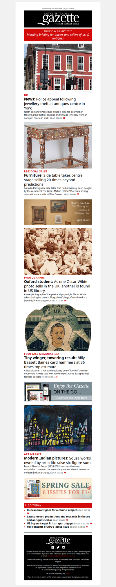 Side table bid to 20 times estimate | Jewellery theft at antiques centre in York | Rare Oscar Wilde photo sold | plus more in ATG's morning briefing