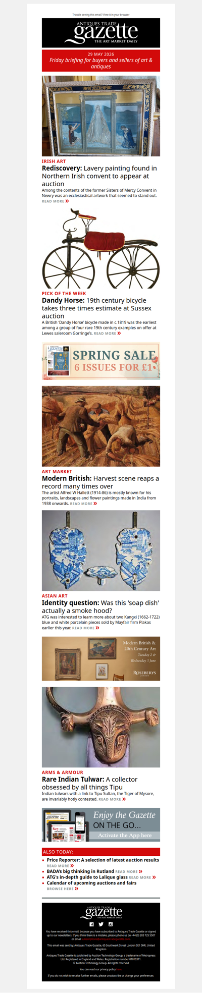 Lavery painting rediscovered in Northern Irish convent | Chinese 'soap dish' raises identity question | Early 19th century bicycle triples estimate | plus more news and features in ATG's Friday briefing