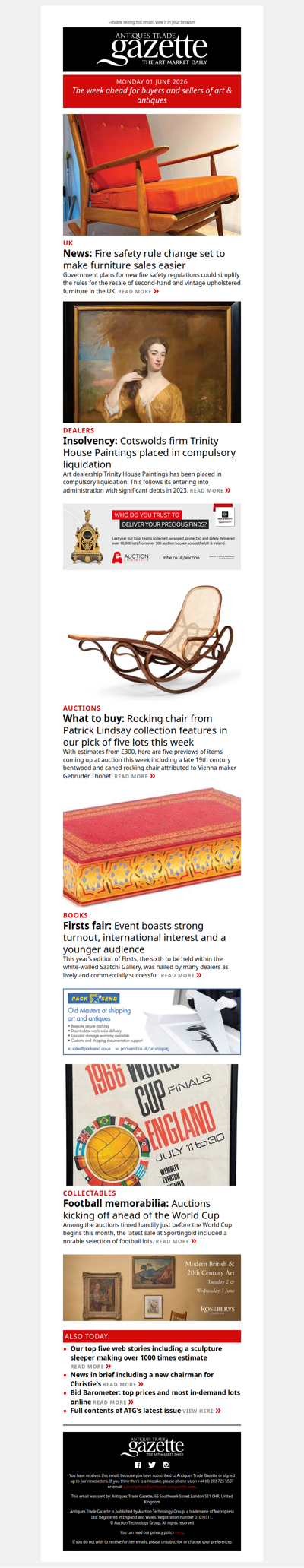 Fire safety rule change could boost furniture sales | Top lots to watch this week | Cotswolds dealer placed in compulsory liquidation | plus more news and features in ATG's Monday briefing