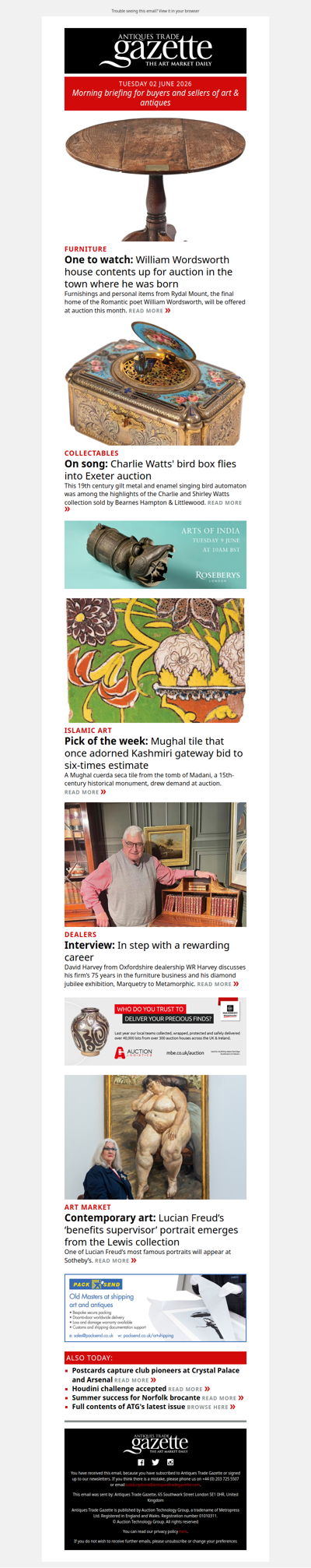 William Wordsworth’s furniture emerges at auction | Charlie Watts' bird box flies | 15th-century Mughal tile takes seven-times estimate | plus more news and features in ATG's Monday briefing