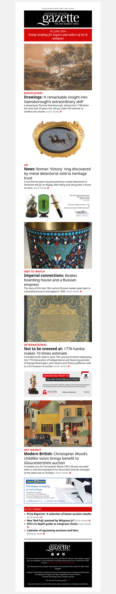 Early Gainsborough sketch emerges in Cambridge | Russian beaker previously on Antiques Roadshow on offer | Metal detectorist’s Roman ring sold | plus more news and features in ATG's Friday briefing