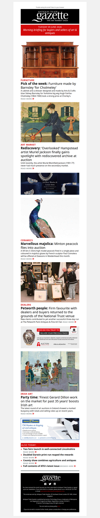 Furniture by Arts & Crafts titan Sidney Barnsley snapped up at auction | Minton peacock flies into Dawsons’s sale | Rediscovered Muriel Jackson archive attracts dealers and collectors | plus more in ATG's morning briefing