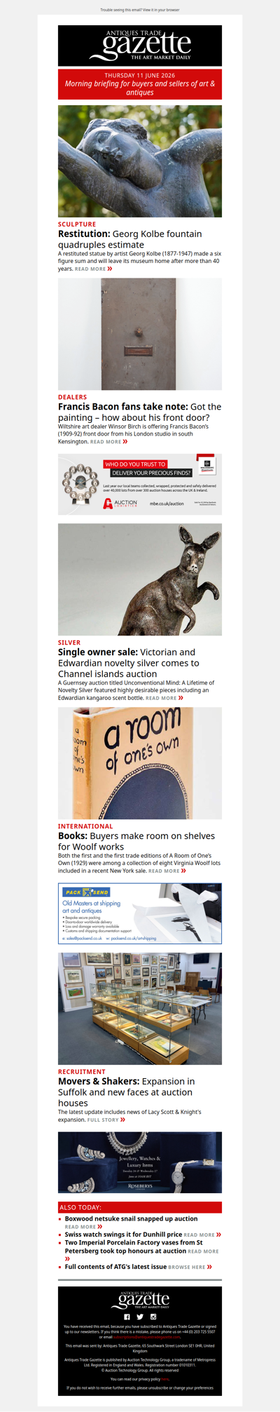 Restituted fountain quadruples estimate | Dealer offers Francis Bacon’s front door | Novelty silver kangaroo hops into saleroom | plus more in ATG's morning briefing