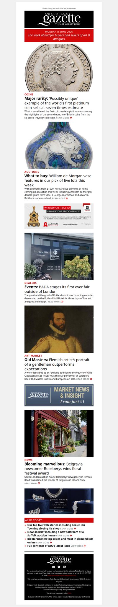 ‘World's first’ platinum coin sells at seven times estimate | Top lots to watch this week | Auction house wins floral festival award | plus more news and features in ATG's Monday briefing