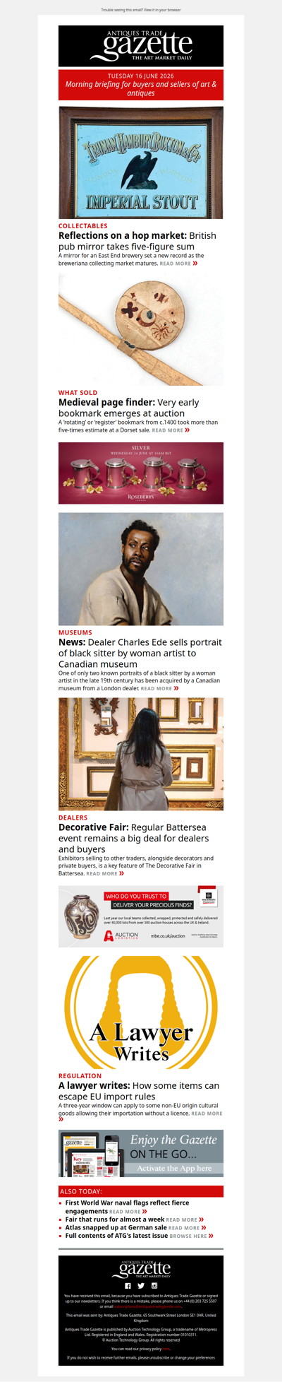 Auction record for a British pub mirror | Early bookmark takes five-times estimate | Portrait of black sitter by a woman artist sold to museum | plus more in ATG's morning briefing