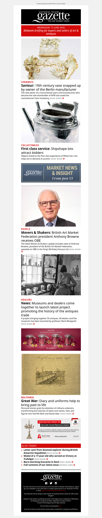 Monumental vase bought at auction by factory owner | White Star Line objects bring major demand | BAMF boss Anthony Browne awarded OBE | plus more news and features in ATG's midweek briefing