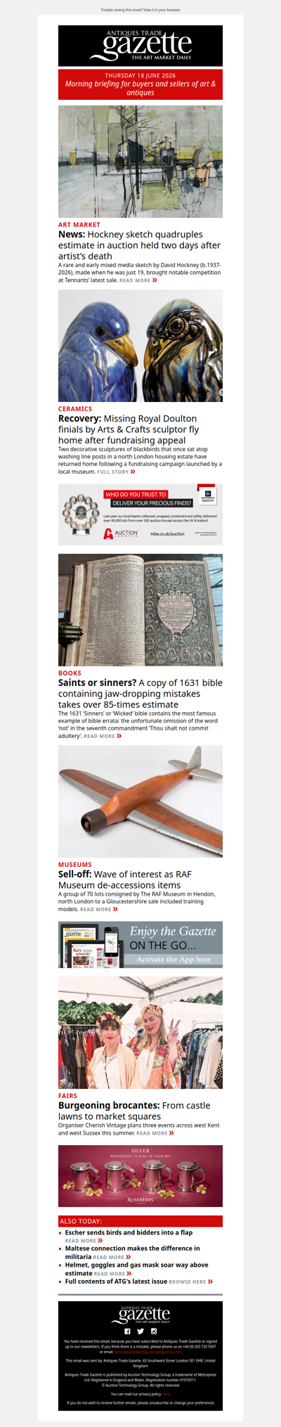 Missing Doulton finials return to north London housing estate | Early Hockney quadruples predictions | 17th century ‘Sinners’ bible takes 85 times estimate | plus more in ATG's morning briefing