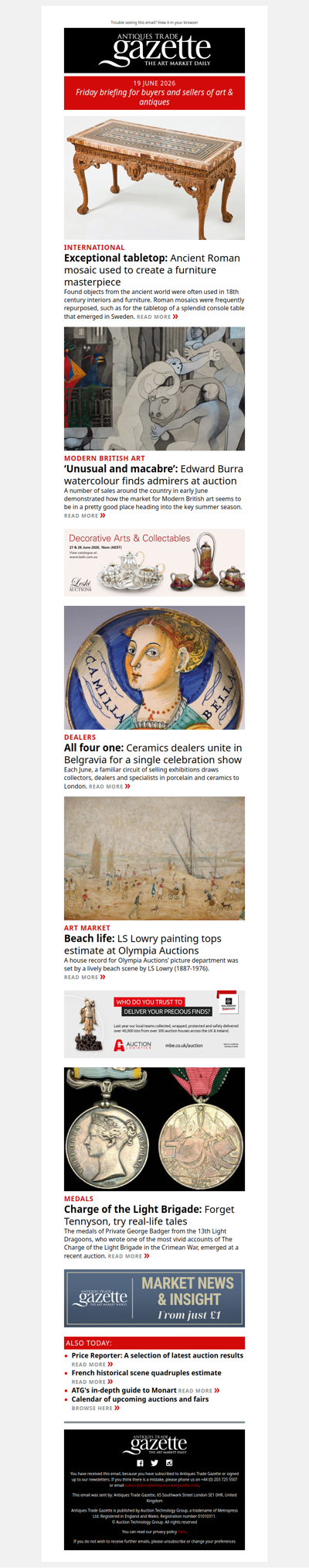 Exceptional mosaic top lifts table to 17 times estimate | LS Lowry painting goes above predictions | Charge of the Light Brigade medals sold | plus more news and features in ATG's Friday briefing