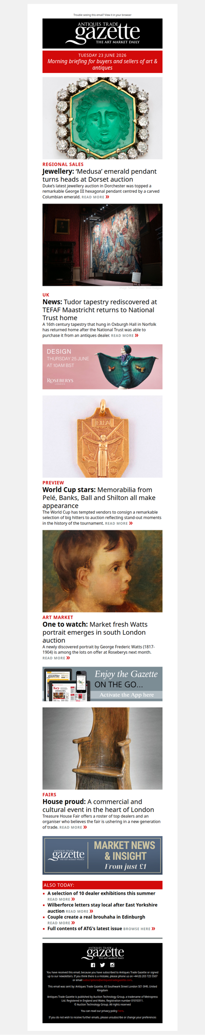 Dealer sells Tudor tapestry back to National Trust property | Carved ‘Medusa’ emerald quadruples estimate | Extraordinary glut of World Cup memorabilia consigned to auction | plus more news and features in ATG's morning briefing