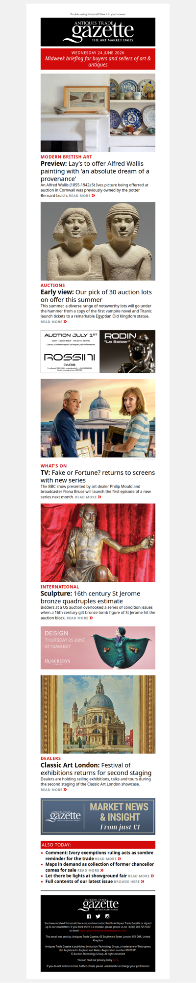TV show Fake or Fortune? returns | Our pick of 30 auction lots on offer this summer | Alfred Wallis painting owned by potter Bernard Leach emerges | plus more news and features in ATG's midweek briefing