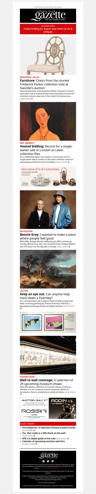 Chairs from storied Parker collection sold | Record for a single-owner sale in London | Interview with antiques centre pioneer Bennie Gray | plus more news and features in ATG's Friday briefing