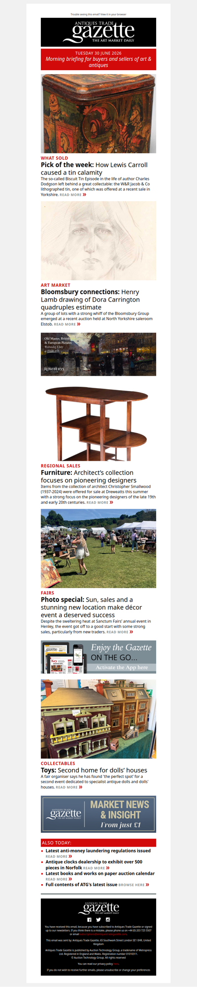 Drawing of Bloomsbury artist Carrington quadruples estimate | How Lewis Carroll caused a tin calamity | Architect’s furniture focuses on pioneering designers | plus more news and features in ATG's morning briefing