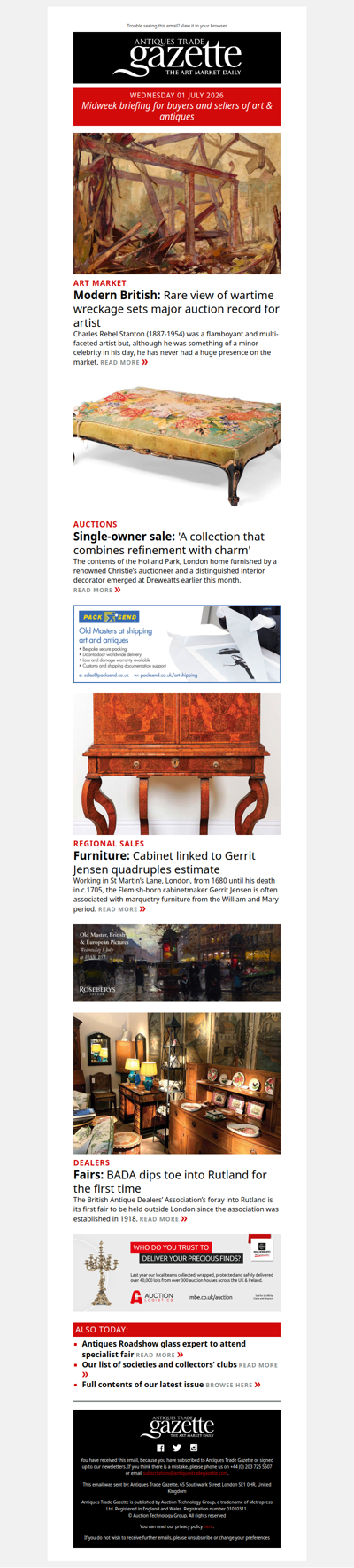 Rare view of wartime wreckage sets major record | Cabinet linked to Gerrit Jensen quadruples estimate | Review of BADA’s Rutland fair | plus more news and features in ATG's midweek briefing