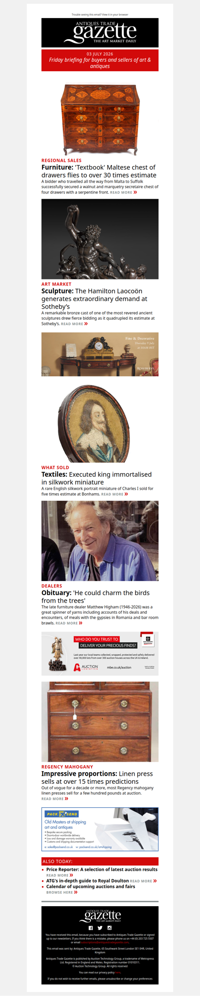 Maltese chest flies to 30 times estimate | Exceptional bronze sculpture brings major demand at Sotheby’s | Obituary of furniture dealer Matthew Higham | plus more news and features in ATG's Friday briefing