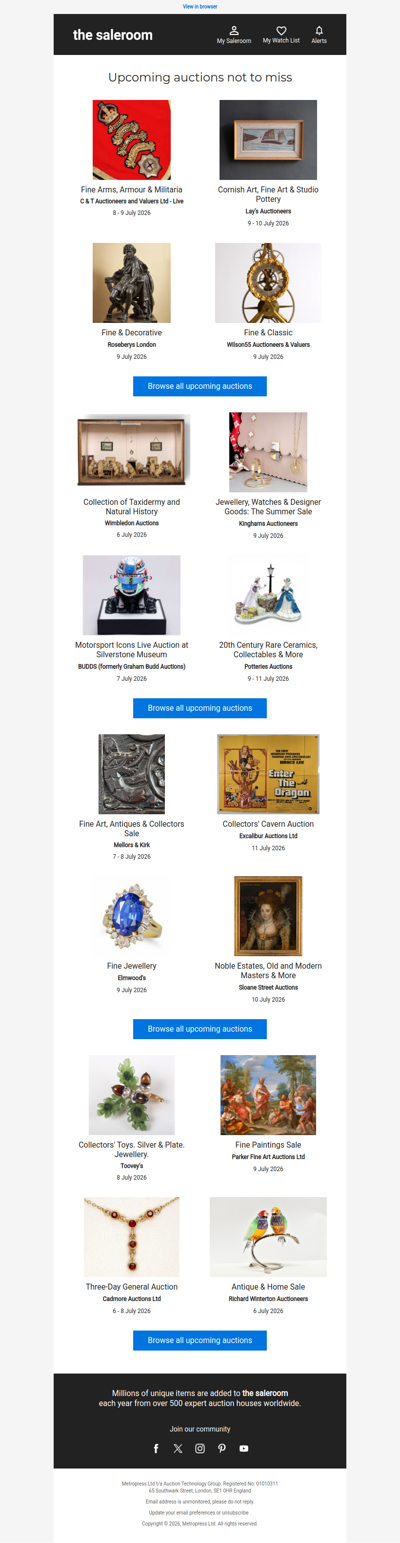 Browse upcoming auctions listed for the week ahead
