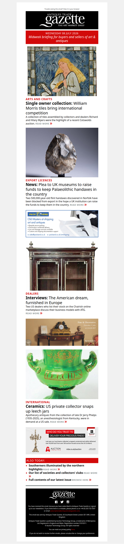 William Morris tile collection snapped up at auction | Export block for Palaeolithic handaxes | Leech jars in demand | plus more news and features in ATG's midweek briefing