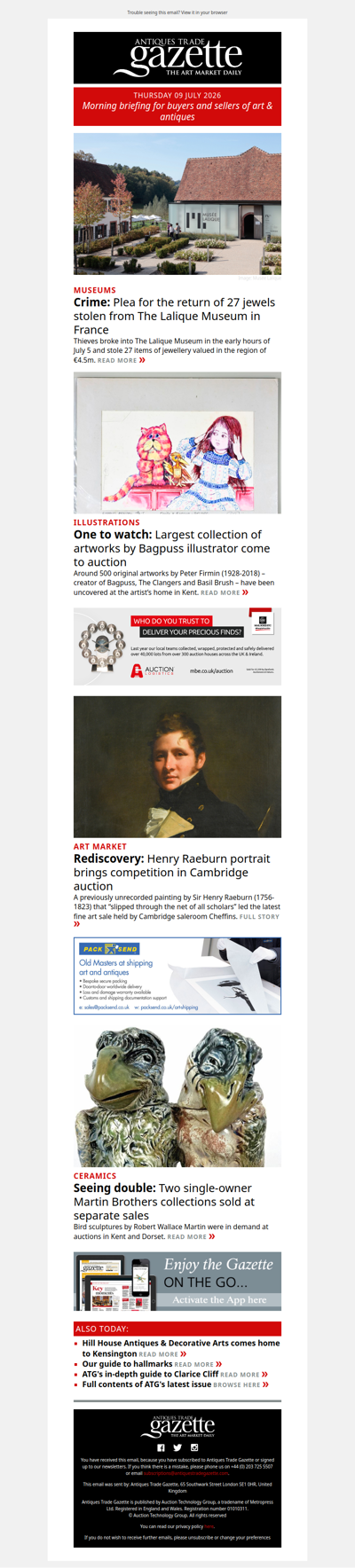 Thieves steal valuable jewels from Lalique Museum | Rediscovered Henry Raeburn brings demand in Cambridge | Two Martin Brothers collections sold | plus more in ATG's morning briefing