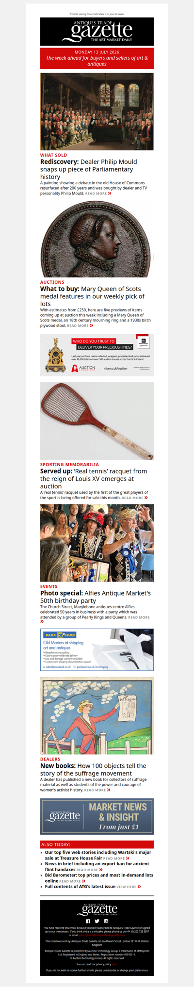 Philip Mould snaps up piece of Parliamentary history | Top lots to watch this week | ‘Real tennis’ racquet from the reign of Louis XV emerges | plus more news and features in ATG's Monday briefing