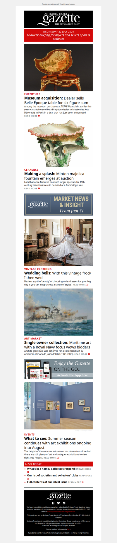 Rare Belle Époque table bought by museum | Minton majolica fountain makes a splash at auction | Maritime art collection achieves white glove sale | plus more news and features in ATG's midweek briefing