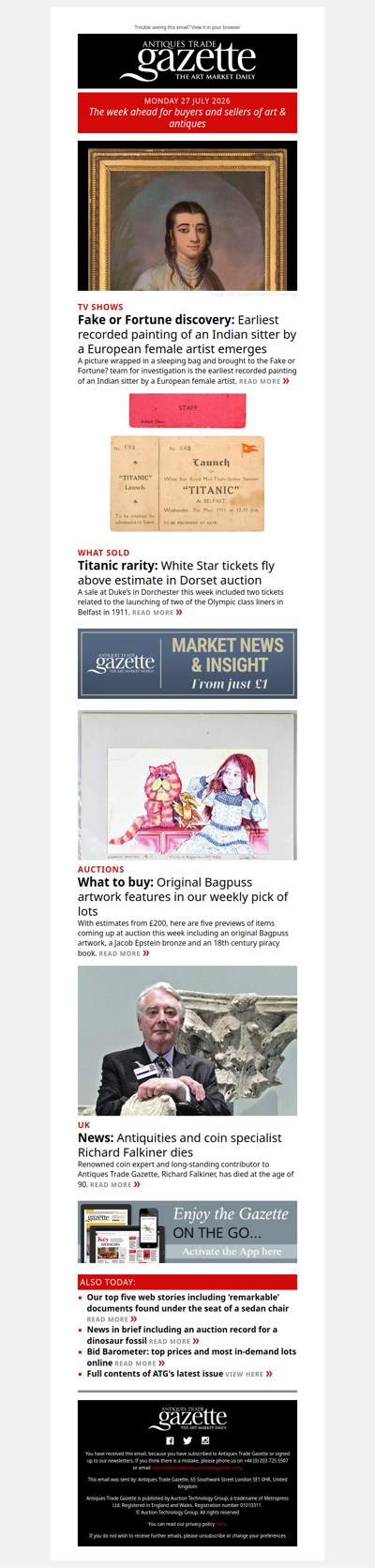 TV show Fake or Fortune’s latest discovery | Titanic ticket flies above estimate | Top lots to watch this week | plus more news and features in ATG's Monday briefing