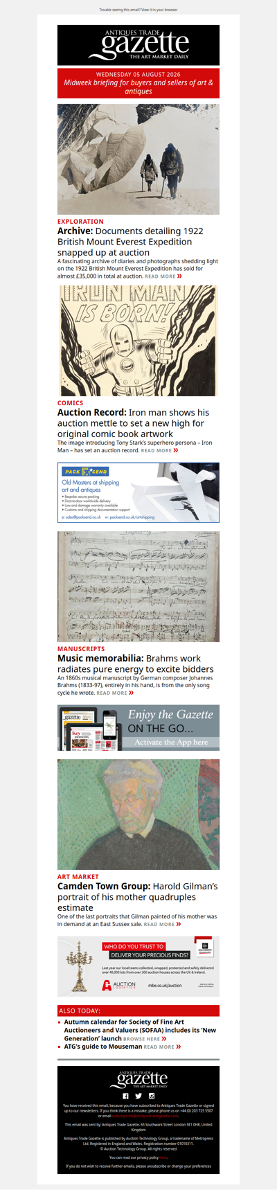 Everest expedition archive in demand | Brahms manuscript on song | Iron Man artwork sets record | plus more news and features in ATG's midweek briefing