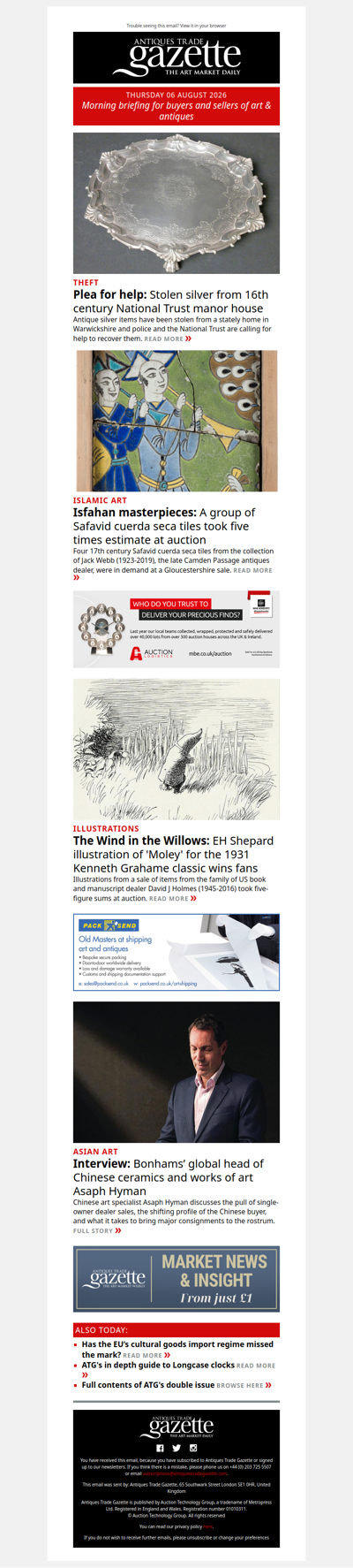 Plea to help find stolen silver from National Trust property | 17th century Safavid tiles in demand at auction | Interview with Chinese art specialist | plus more in ATG's morning briefing