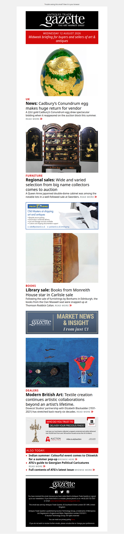 Cadbury’s Conundrum egg makes huge profit for vendor | Queen Anne cabinet sells in big name sale | Latest Monreith House consignment comes to auction | plus more news and features in ATG's midweek briefing