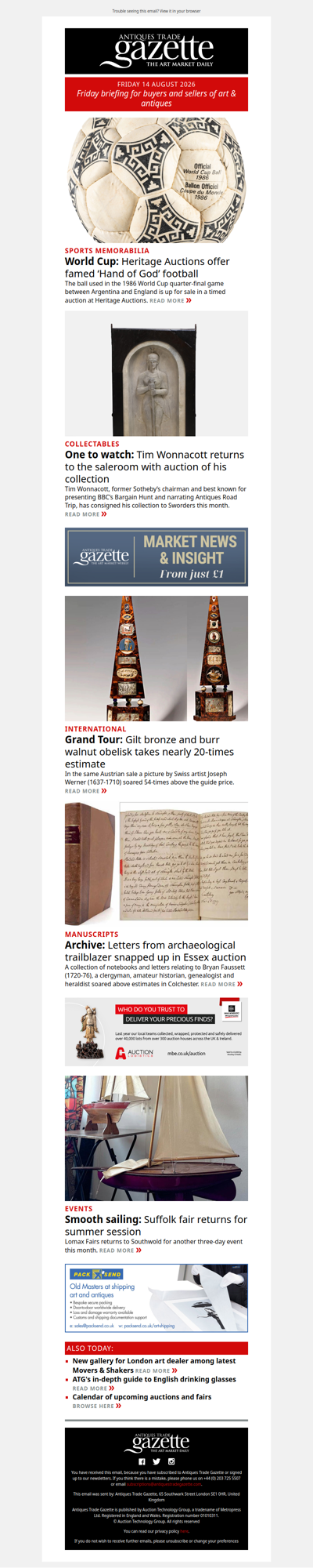 ‘Hand of God’ football comes to auction | Grand Tour obelisk takes nearly 20-times estimate | Tim Wonnacott collection up for sale | plus more news and features in ATG's Friday briefing
