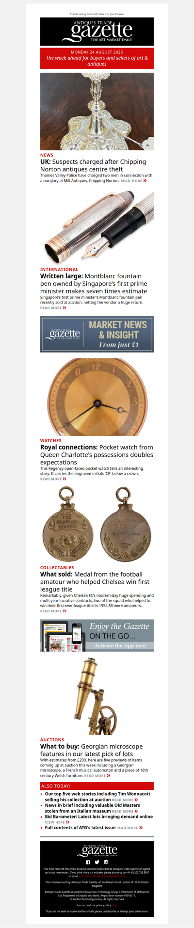 Suspects charged over antiques centre theft | Huge return for vendor of luxury Montblanc pen | Top lots to watch this week | plus more news and features in ATG's Monday briefing