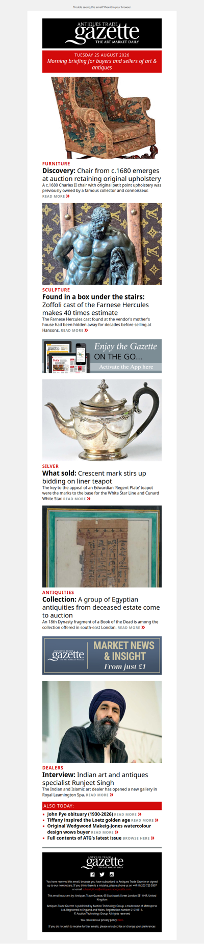 17th century chair emerges with original upholstery | Zoffoli cast of the Farnese Hercules makes 40 times estimate | White Star Line marks lift silver teapot | plus more news and features in ATG's morning briefing