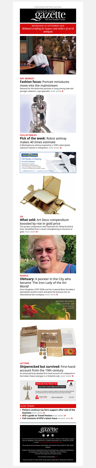 Fashion boost for portrait miniatures | Tributes for fairs doyenne Anna Haughton | Gold price boosts Dunhill collectable | plus more news and features in ATG's midweek briefing